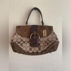NWT Coach Purse Brown Signature Suede Handbag Shoulder Bag Top Handle Style 7059